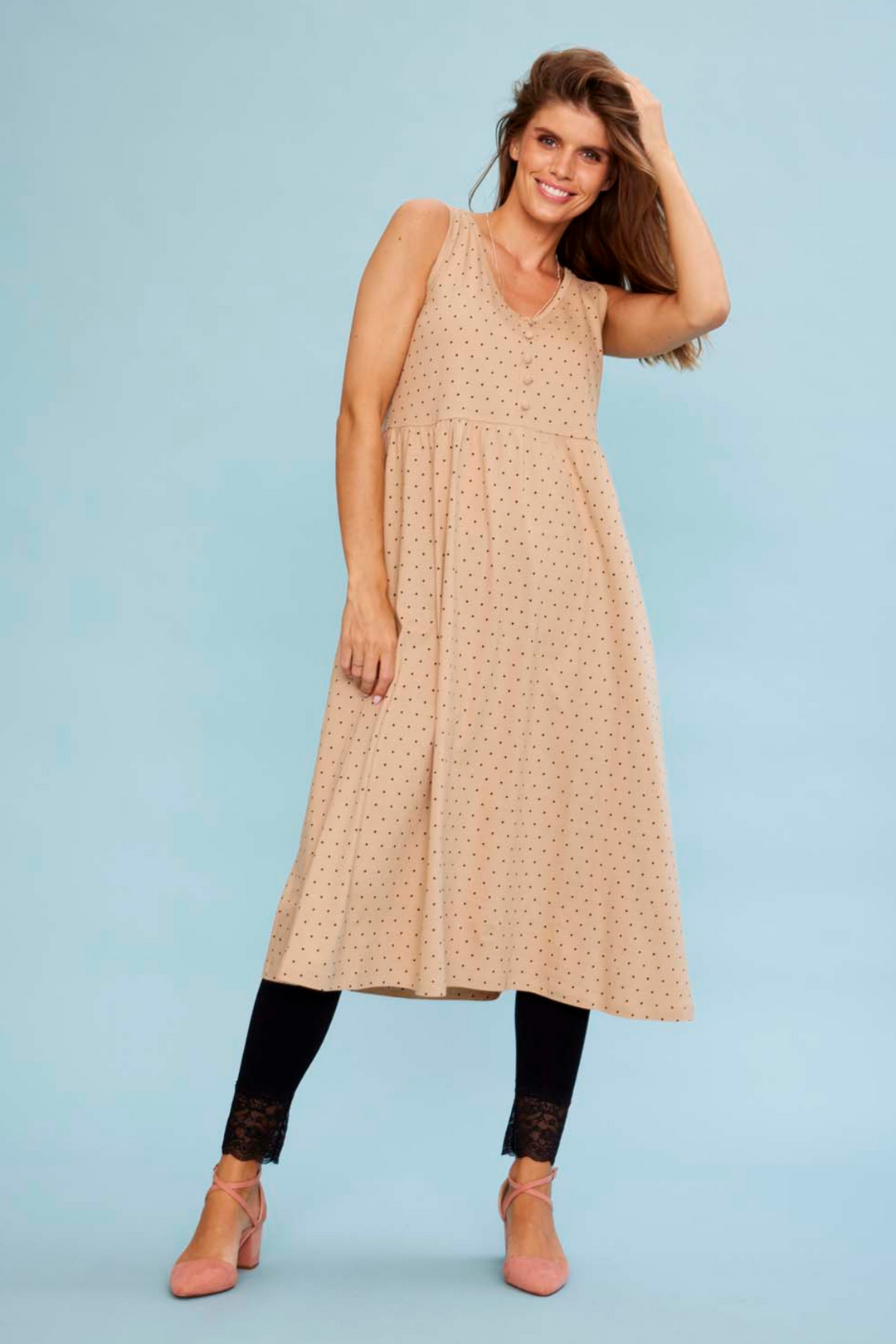 Ferah 173 - Sand-colored Dress with Black Dots - Timeless design with elegant finish | ZE-ZE|